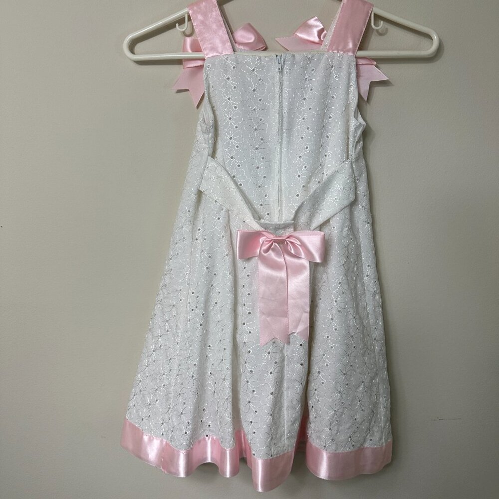 Bonnie Jean White Eyelet Pink Satin Bows and Trim Girls Size 5